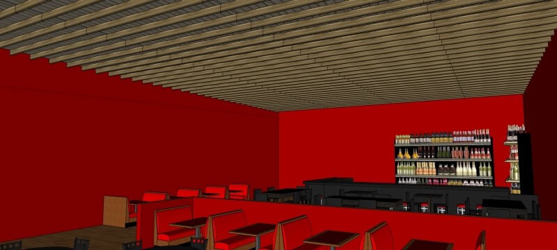 Image of a modern cafe interior with red walls, wooden ceiling, tables, chairs, and a counter stocked with various drink bottles.