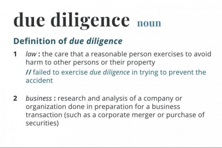 An image showing the definition of "due diligence" in law and business, including examples of its usage.