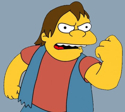A cartoon character with yellow skin and brown hair, wearing a red shirt and blue vest, clenches their fist and appears to be shouting.