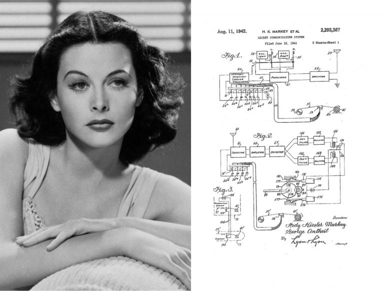 A black-and-white photo of a woman on the left and a technical diagram from a patent document dated August 11, 1942, on the right detailing a secret communication system.