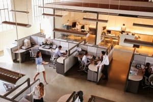 Elevated view of a busy open office