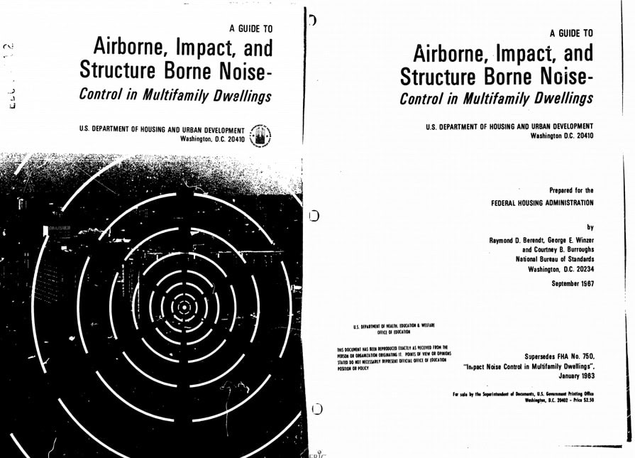 Cover page of a guide titled "Airborne, Impact, and Structure Borne Noise Control in Multifamily Dwellings" by the U.S. Department of Housing and Urban Development.
